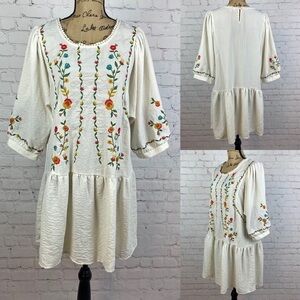 Umgee Oversized Crinkly Babydoll Embroidered Details Dress